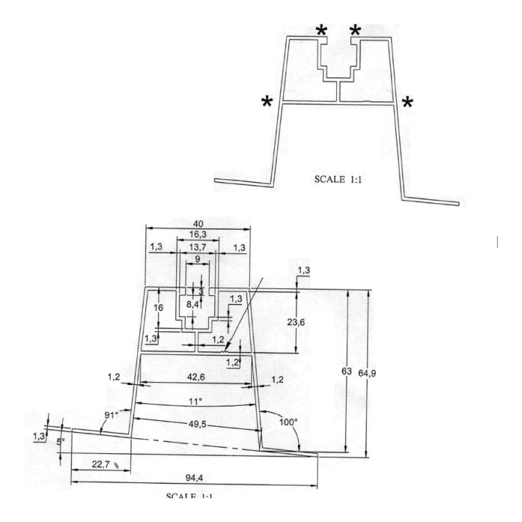 Trapézový šikmý mostík s tesnením EPDM H63 L330 – hliníkový strešný adaptér PV 001-776 (2)