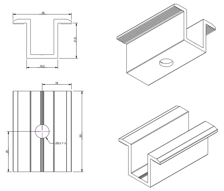 Stredová príchytka H25 L50 surová so skrutkou M8x25 a vložkou pre panely 35 mm PV-04-17 (3)