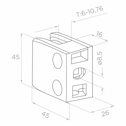 Držiak skla 45x45x26 mm, sklo 6-10,76 mm, AISI 304, plochý systém, satén 000-260 (2)