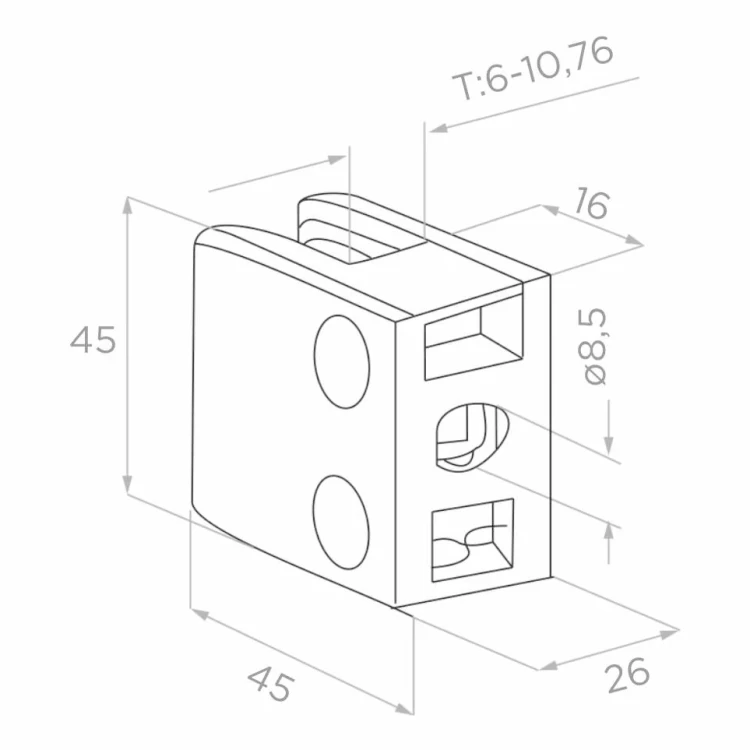Držiak skla 45x45x26 mm, sklo 6-10,76 mm, AISI 304, plochý systém, satén 000-260 (2)