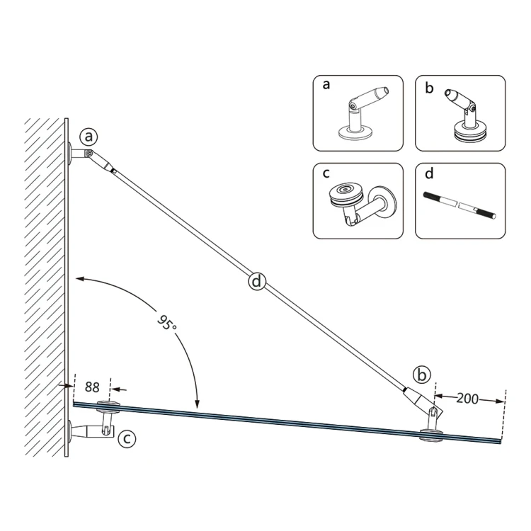 Systém sklenených prístreškov M10 3-dielny odťah fi 10 mm sklo 8-17,52 mm AISI 304 satén 000-261 (5)