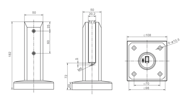Zvislý držiak skla spigot 50x50/100x100 mm sklo 12-17,52 mm AISI 304 satén 000-291 (5)