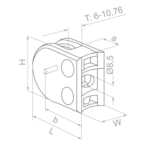 Držiak skla 50x40x26 mm s pinom, sklo 6-10,76 mm, AISI 304, systém 42,4, lesk 000-264 (3)