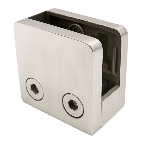 Držiak skla 45x45x26 mm s konzolou pin sklo 6–10,76 mm AISI 304 plochý systém satén 000-268 (1)