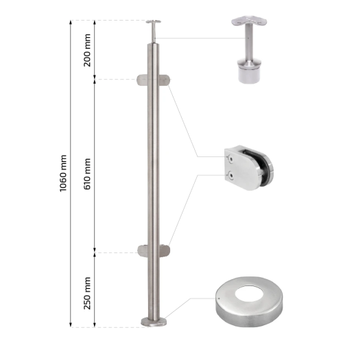 Rohový zábradlový stĺpik pre sklo fi 42,4x1060/1102,4mm 4 uchytenia brúsený 000-559 (2)
