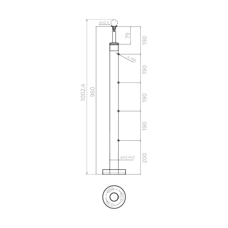 PSG Balustradový stĺpik stredný priechodný fi 42,4 mm AISI 304 – 4 držiaky, satén 001-204 (4)