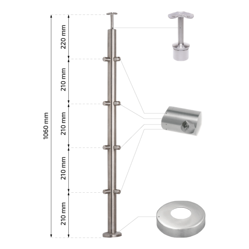 PSG rohový zábradlový stĺpik z ocele AISI 304 ø42,4 mm H1060 mm s držiakmi na rúrky ø12 mm 001-206 (2)